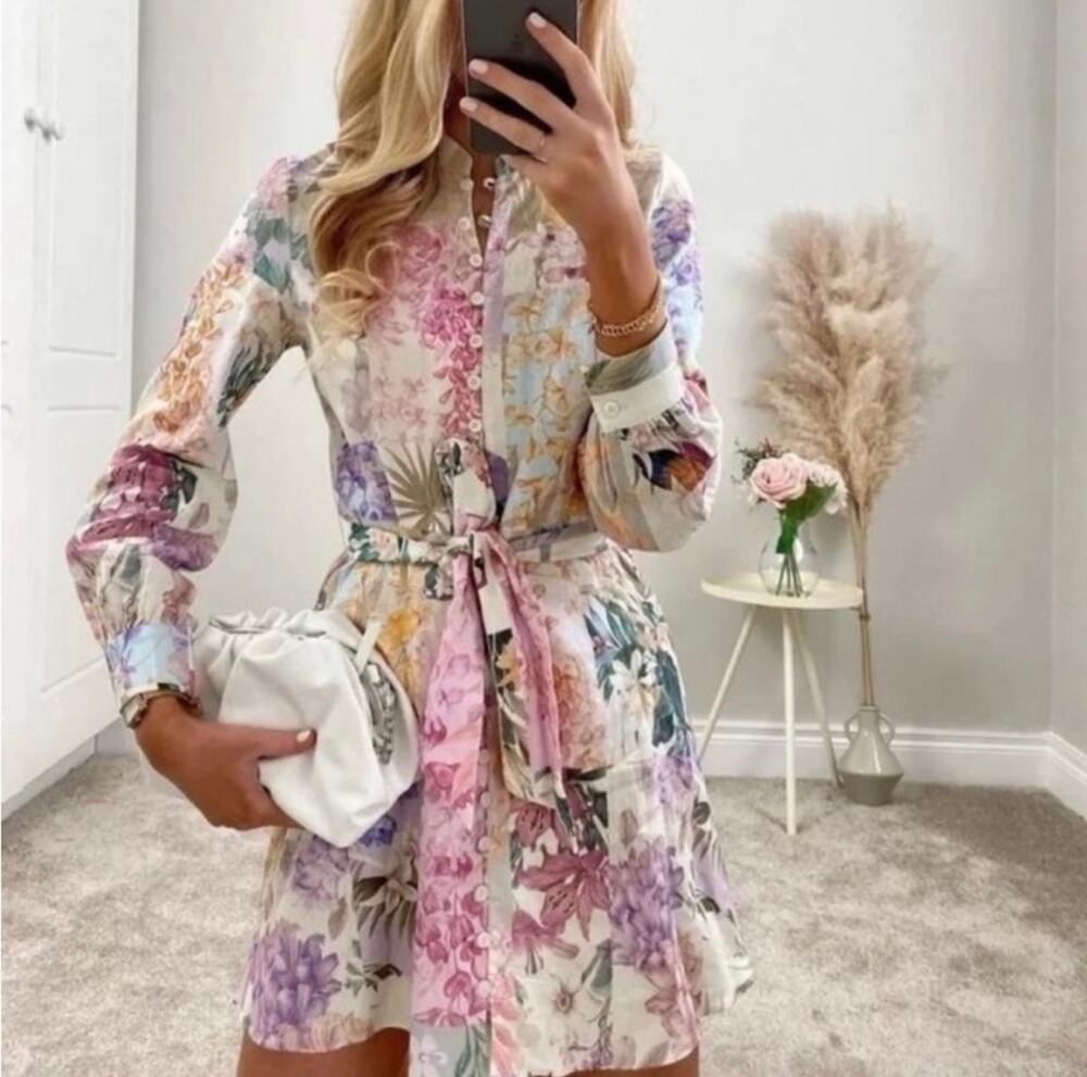 NWT Zara Floral Patchwork Linen Blend Shirt Dress XS Belted Button Front Mini